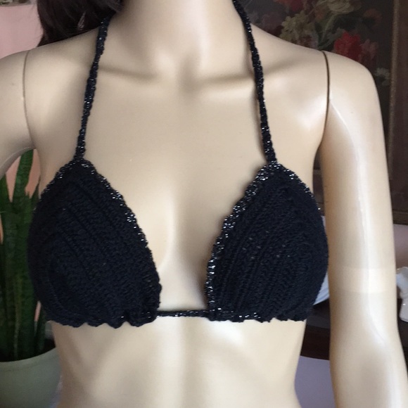 Black/Silver Knit Crochet Bikini top medium - Picture 2 of 8